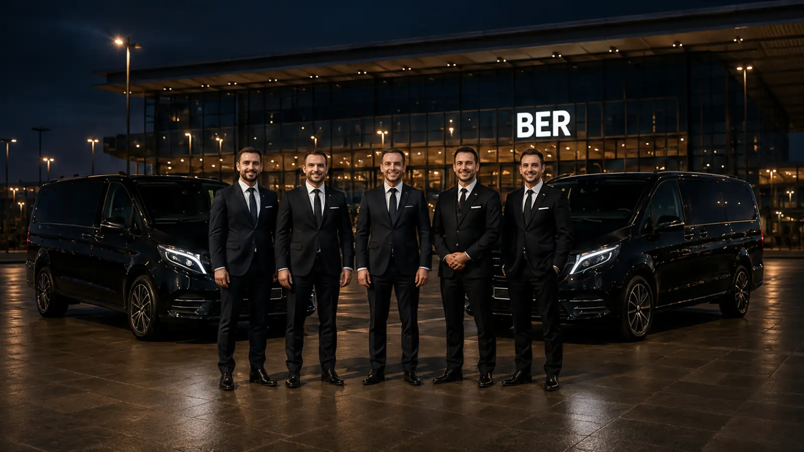 Professional drivers with black vans at Berlin Brandenburg Airport BER